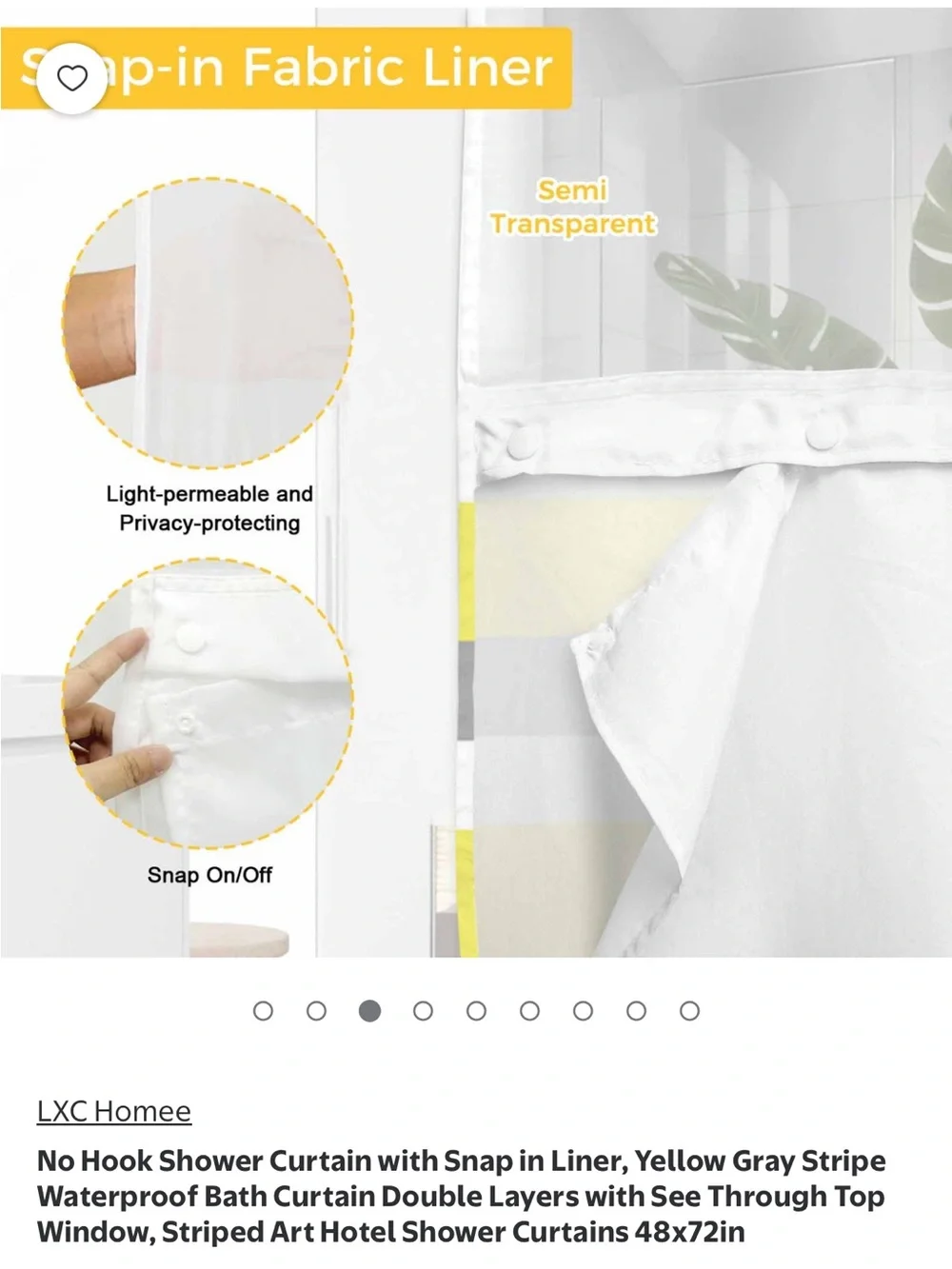 Striped Hookless Shower Curtain in Gray, white and yellow stripes.